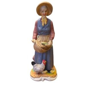 Vintage 7.5" Ceramic Farm Woman Figurine Chickens Corn Harvest Rustic Decor Box